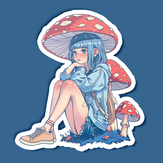Blue Anime Girl Sitting Under Mushroom Sticker