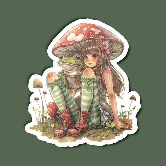 Girl and Frog Sitting Under the Mushroom Sticker