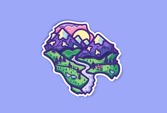 Purple Cartoon Mountain River Landscape Sticker